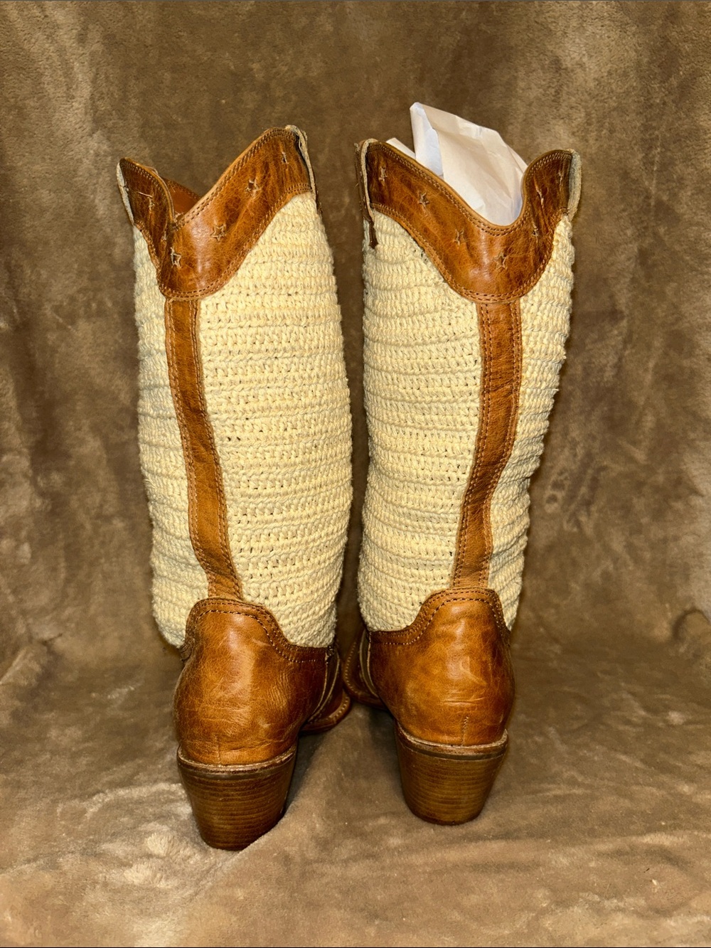 AWOL Tan Leather Cream Crochet Snip Toe Boho Western Coastal Cowgirl Boots 8.5 - Picture 4 of 16